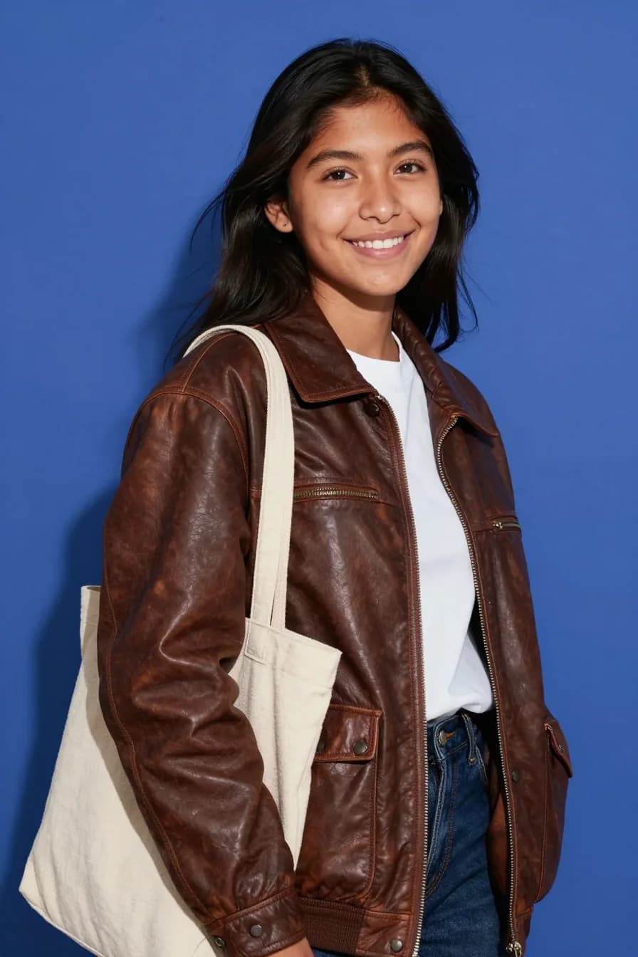 Chica sonriente con chaqueta de cuero vintage y bolsa de tela al hombro